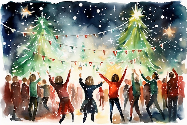 Watercolour of christmas party festive merry christmas and happy new year