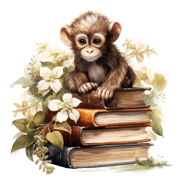 Watercolour cute monkey on a stack of books clipart