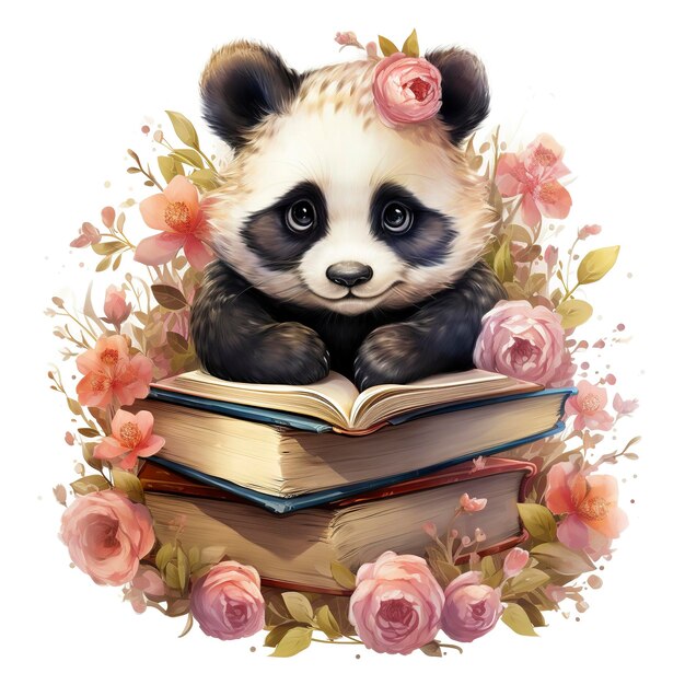 Watercolour cute panda on a stack of books clipart