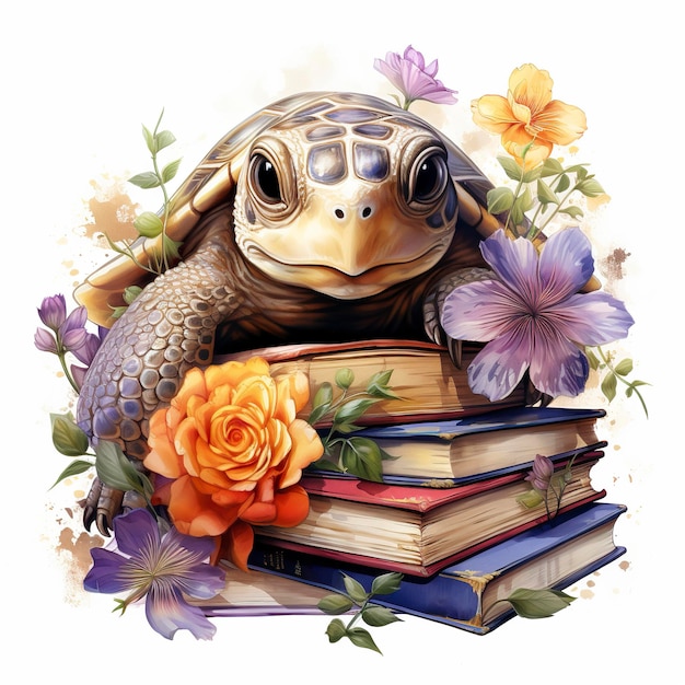 Watercolour cute turtle on a stack of books clipart