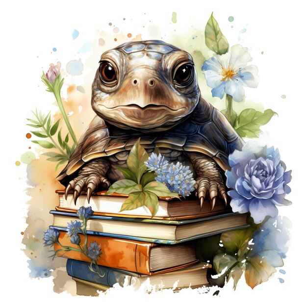 Watercolour cute turtle on a stack of books clipart