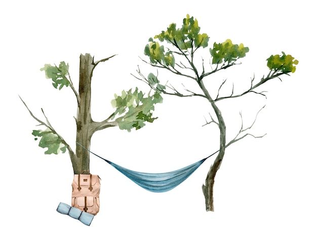 Photo watercolour drawing of a hammock between two trees and a tourist pack