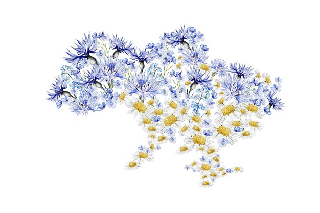 青と黄色の花で飾られたウクライナの水彩画の地図 イラスト