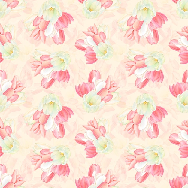 Watercolour drawing pattern of beautiful sets of blossoms of white and pink tulips on beige