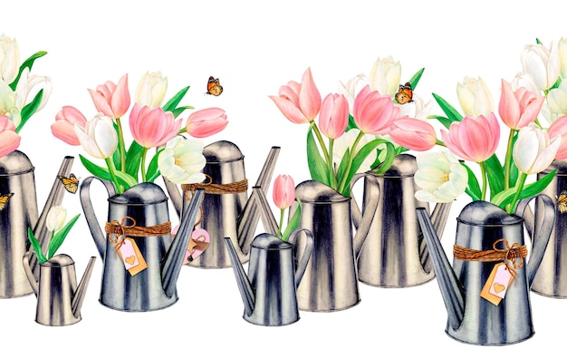 Watercolour drawn seamless border from metal watering cans with beautiful white and pink tulip