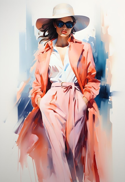 Watercolour fashion illustration of a young woman in fashionable clothes