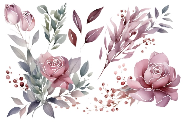 Watercolour floral illustration set for bouquets wreaths arrangements AI