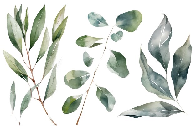 Watercolour floral illustration set green leaf branches collection AI