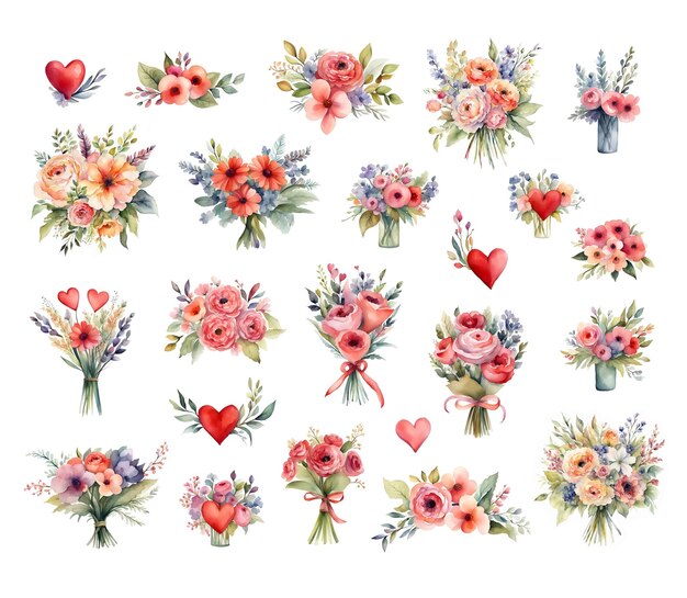 Watercolour flower bouquet clip art set isolated hand drawn romantic floral collection