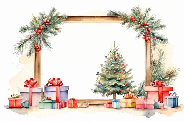 Watercolour framing christmas tree and gift boxes on a white background Greeting card for Christmas