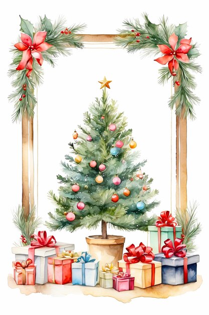 Акварельная рамка рождественской елки и подарочные коробки на белом фоне Поздравительная карточка на Рождество