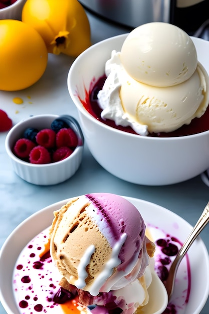 Акварель мороженое с тремя шариками ванильного мороженого и красивым красным цветом