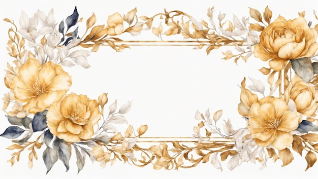 Watercolour illustration of golden frame border with elegant flowers