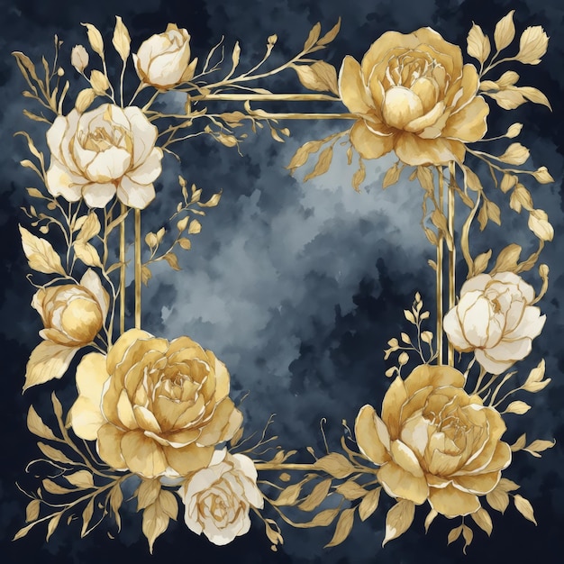 Watercolour illustration of golden frame border with elegant flowers