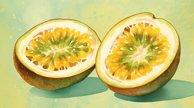 Watercolour illustration of a half sliced passion fruit on yellowgreen background closeup