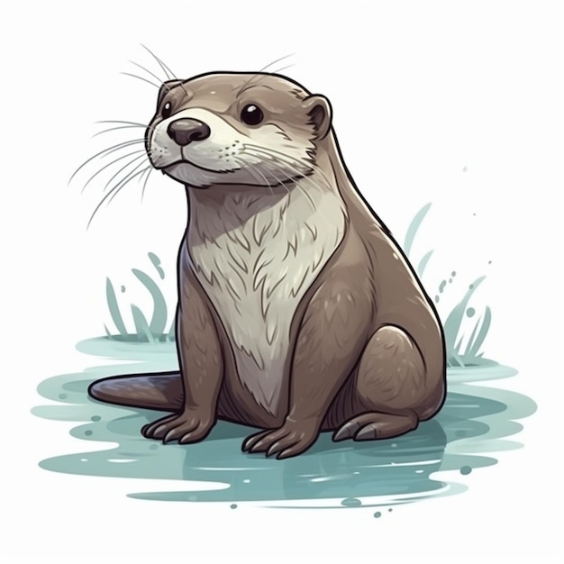 A watercolour illustration of a otter sitting in the water.