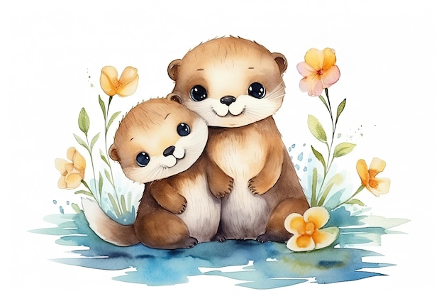Photo watercolour illustration of otters hugging each other spring wildflowers
