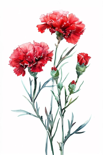 Watercolour illustration of two red carnations isolated on white background