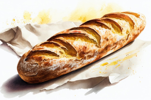 Watercolour loaf of french baguette Bread AI generative illustration