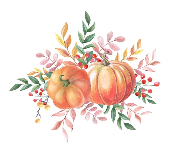 Watercolour orange pumpkin with yellow,green,red leaves on white background. Watercolor Autumn arrangement. Two vegetables. Illustration for Thanksgiving Holiday. Fresh harvest. Isolated hand drawn.