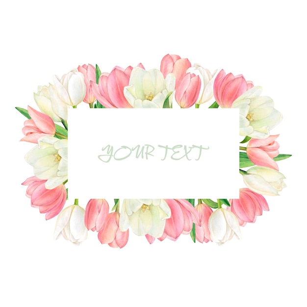 Акварельная овальная рамка из красивых белых и розовых тюльпанов, нарисованная вручную с местом для ваших слов
