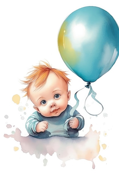 A watercolour painting of a baby with balloons