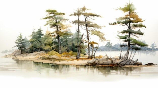 Photo watercolour painting of pine trees by the water