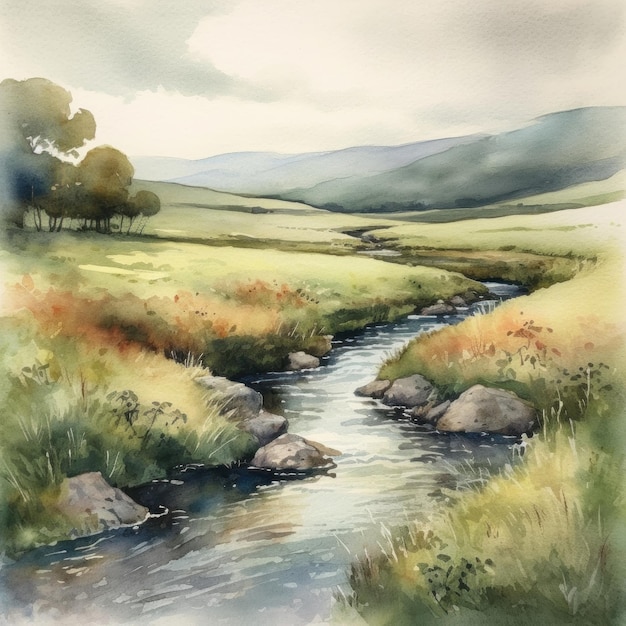 A watercolour painting of a river in the hills.