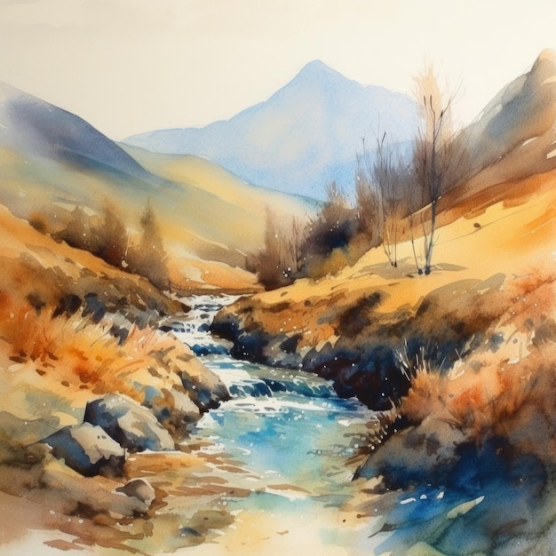 Watercolour painting of a river in the mountains