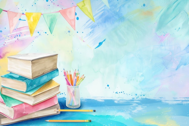 Photo a watercolour painting of stack of books with pencils and colourful paper hanging top of it on blue water colour background