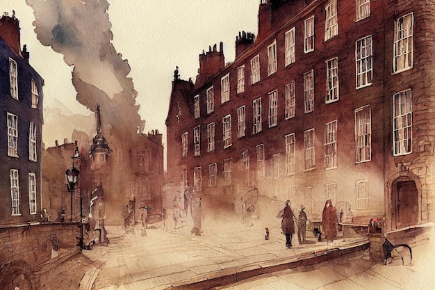 A watercolour painting of a street scene with a building in the background.