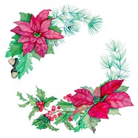 Watercolour poinsettia holly acorn pine needles christmas wreath branch isolated illustration on white background clip art for design or print