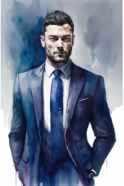 Watercolour portrait of handsome man in suit created using generative ai technology