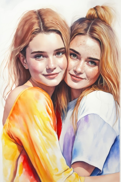 Watercolour portrait of smiling lesbian couple created using generative ai technology