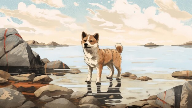 Photo watercolour print of a mangastyle dog by the rocks