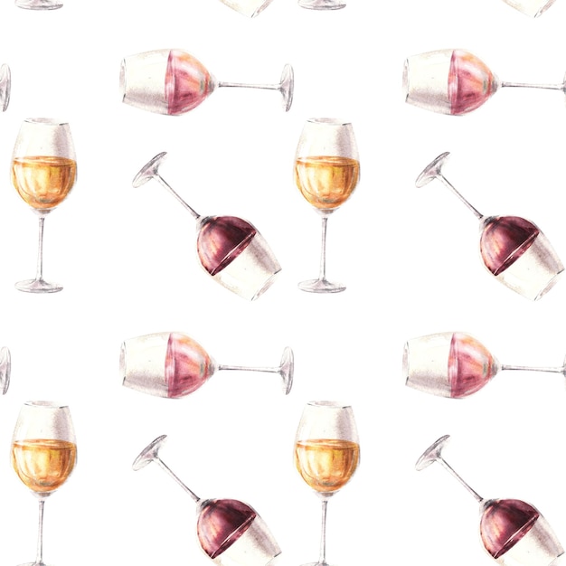 Watercolour seamless pattern glasses with white red and rose wine hand drawn illustration winemaking