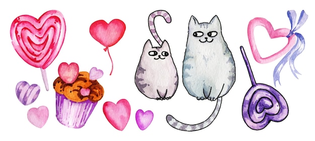 Акварель на тему дня святого валентина, нарисованная вручную иллюстрация, сердце, котенок, конфеты и кексы