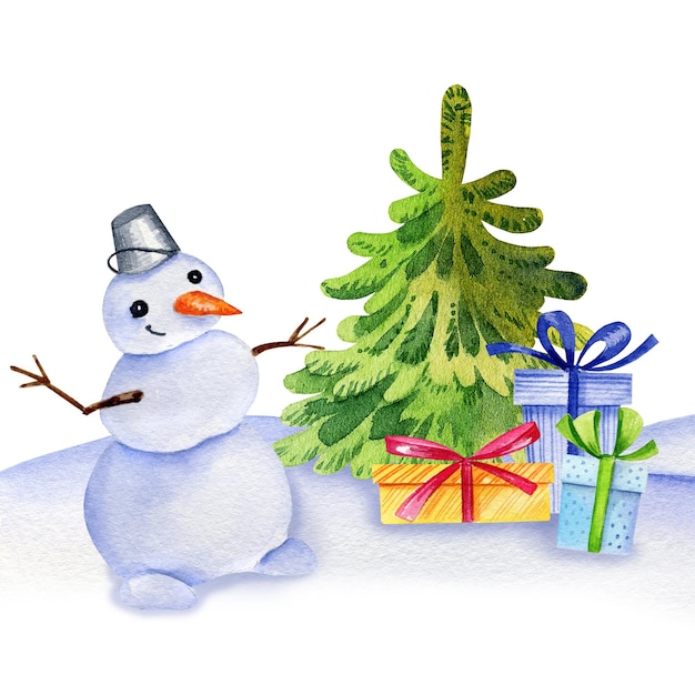 Watercolour snowman with a Christmas tree and gifts winter illustration hand drawn sketch snowdrifts