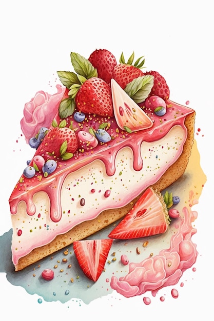 Watercolour strawberry cheesecake on white background Piece of fruit cake AI generative illustration