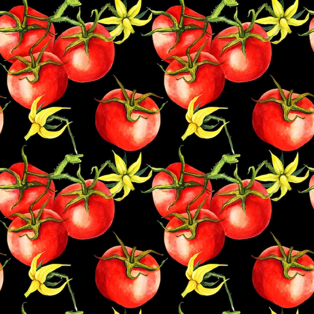 Photo watercolour tomatos seamless pattern flowers brunches hand drawn illustration