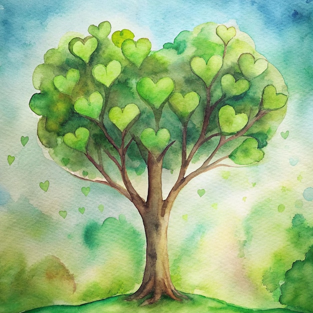 watercolour a tree with heart shaped green leaves growing