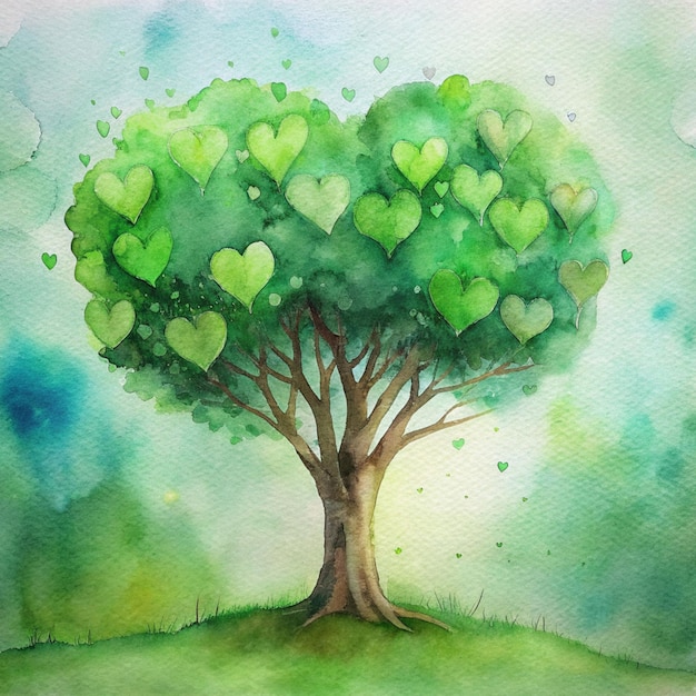 Акварель - дерево с зелеными листьями в форме сердца