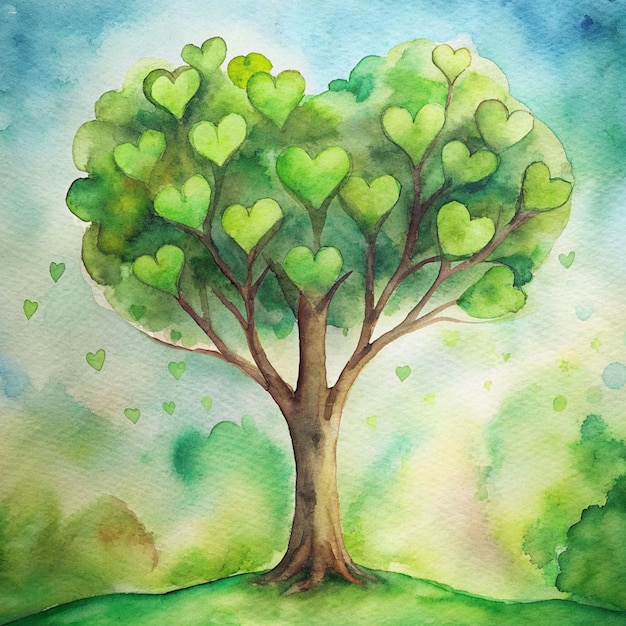 Акварель - дерево с зелеными листьями в форме сердца