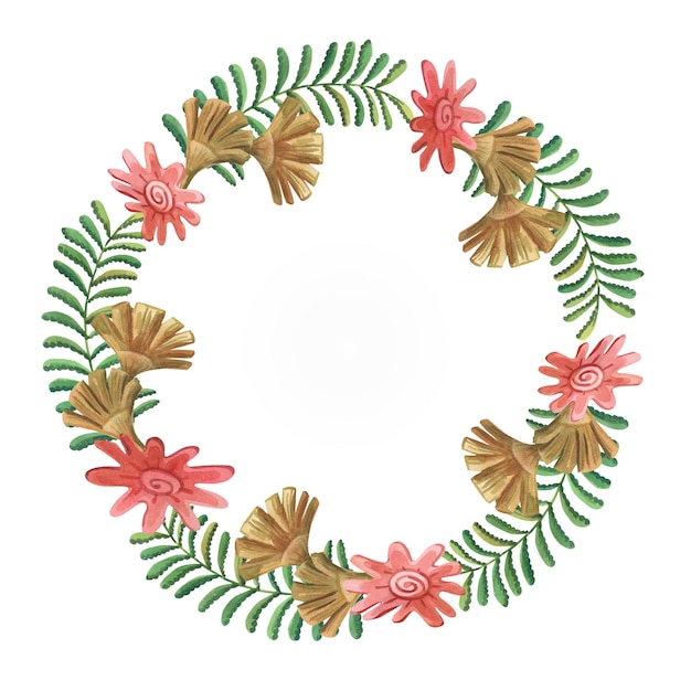 Watercolour tropical wreath with red flowers and green brown leaves fern