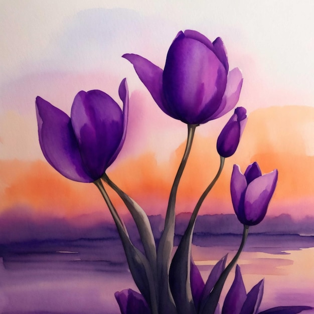 Watercolour tulip flowers simple drawing