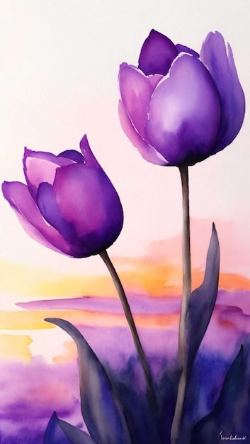 Watercolour tulip flowers simple drawing