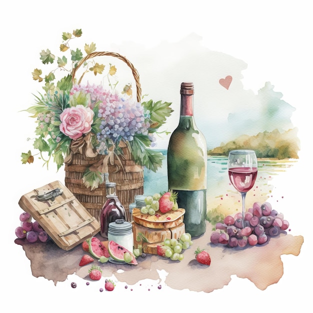 Watercolour valentines day picnic, include wine, fruits, flowers and hearts, with white background