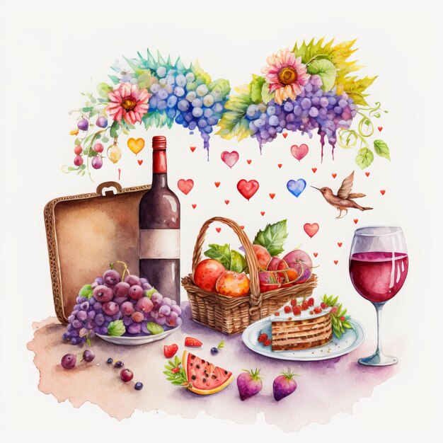 Watercolour valentines day picnic, include wine, fruits, flowers and hearts, with white background