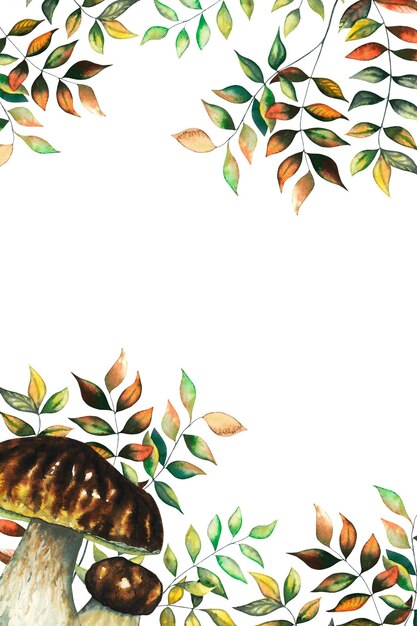 Watercolour vertical banner with boletus porcini mushroom wild forest leaves and blueberry herbs