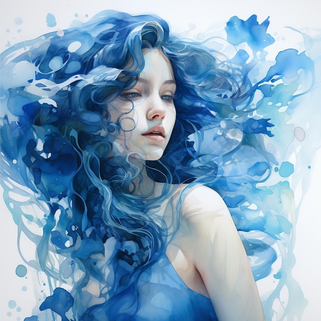 Watercolour Young Girl Illustration Blue Hair